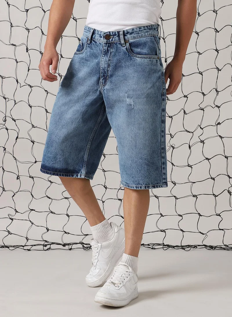 هوبرهولمي Men's Indigo 100% Cotton Distressed Cropped Loose Fit Shorts