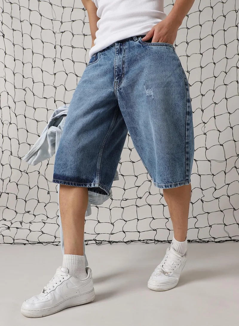 هوبرهولمي Men's Indigo 100% Cotton Distressed Cropped Loose Fit Shorts