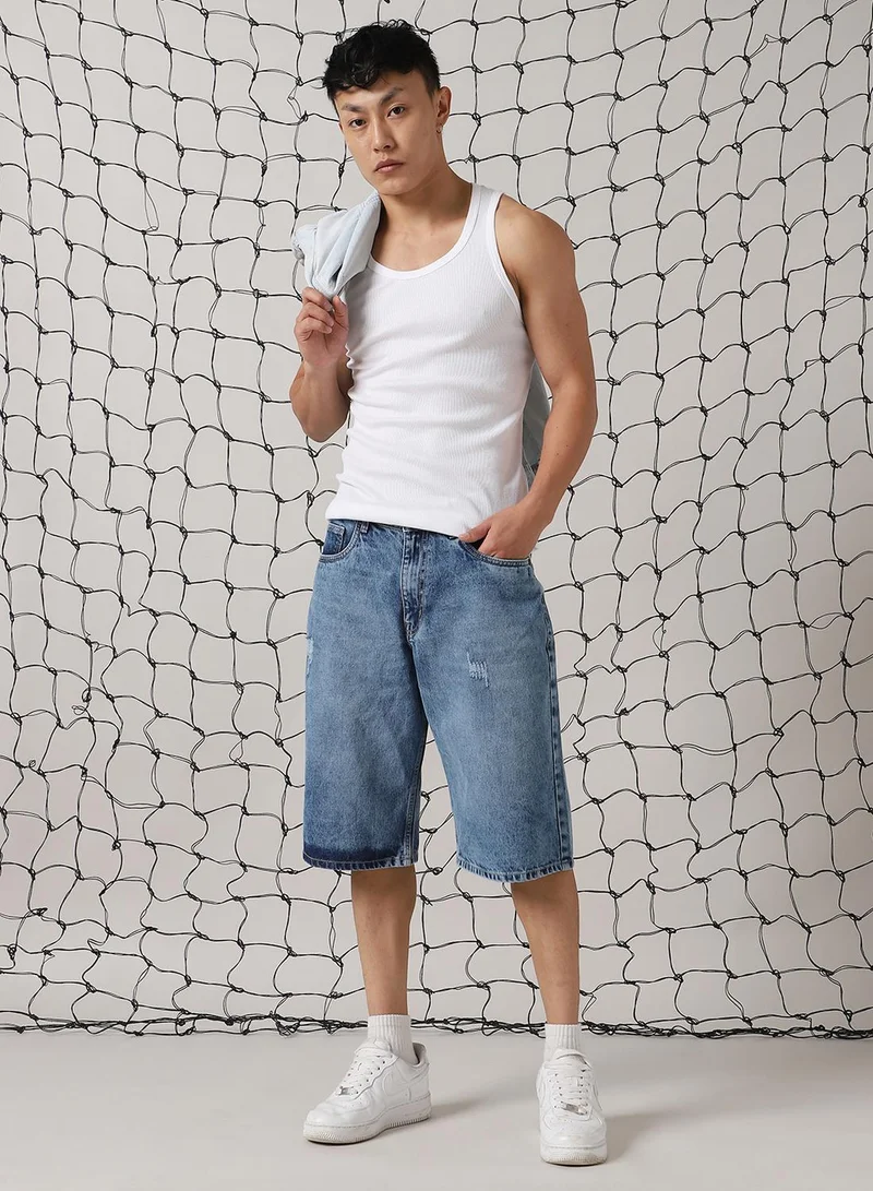 هوبرهولمي Men's Indigo 100% Cotton Distressed Cropped Loose Fit Shorts