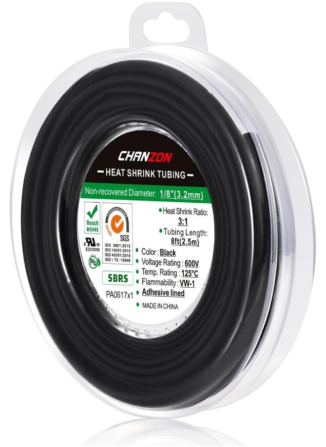CHANZON Chanzon 3:1 Ratio 1/8" (3.2mm) Heat Shrink Tubing - Marine Grade Waterproof Adhesive Lined - 8Ft Roll (2.5M Total Length) Black Polyolefin Sleeving Wrap Shrinking 3 to 1 Ratio 1pcs  - Image 1