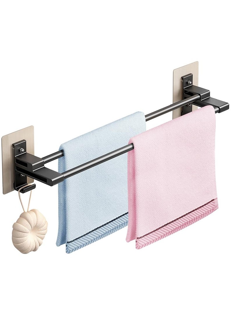 SYOSI Towel Rail, 58cm Self Adhesive Towel Holder with Anti Rust Aluminium, 2 Tier Double Rod Towel Shelf Bar with 2 Hooks, No Drilling Required, Wall Mounted, for Bathroom, Kitchen, Shower, Black  - Image 1
