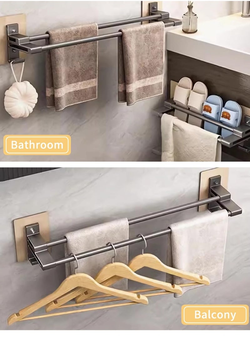 SYOSI Towel Rail, 58cm Self Adhesive Towel Holder with Anti Rust Aluminium, 2 Tier Double Rod Towel Shelf Bar with 2 Hooks, No Drilling Required, Wall Mounted, for Bathroom, Kitchen, Shower, Black  - Image 4