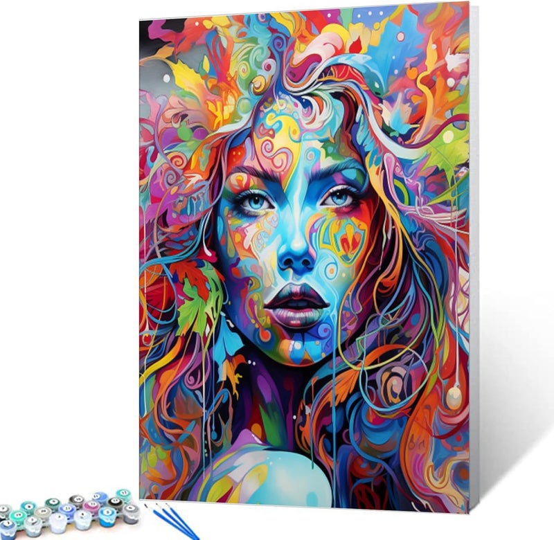 Tucocoo Graffiti Women Portrait Paint by Numbers Kits 16x20 inch Canvas DIY Oil Painting for Kids Students Adults Beginner with Brushes and Acrylic Pigment Blue Face Abstract Colorful Womanwithout Frame - Image 1