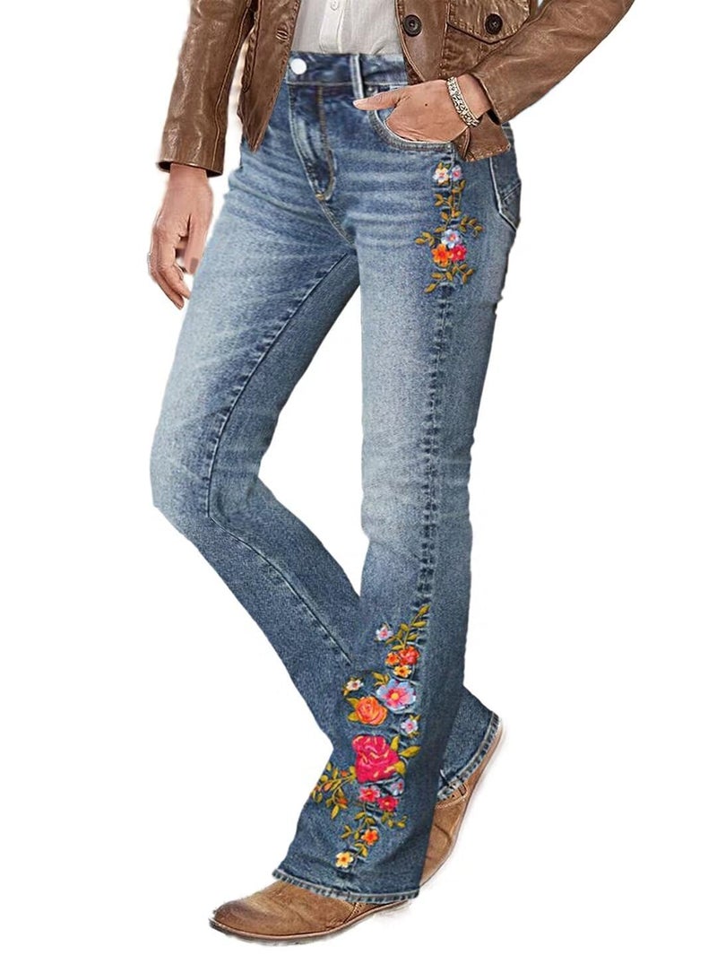 Flamingals Women's Floral Embroidery Mid Waist High Stretch Bootcut Jeans with Pockets Sky Mid Blue S - Image 1