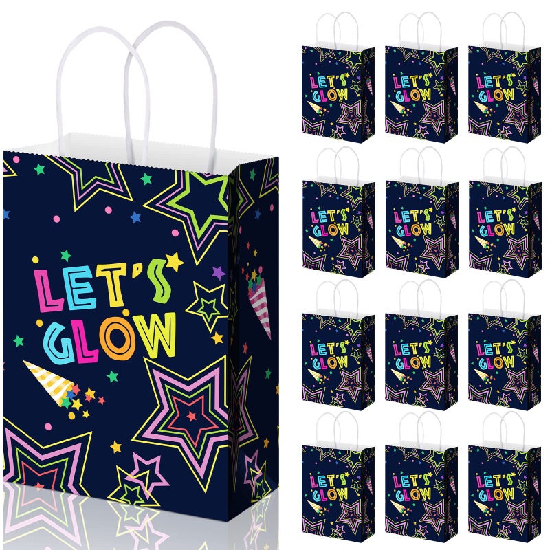 Spakon 12 Pieces Glow Party Bags Lets Glow in the Dark Goodie Bag with Handles Neon Party Gift Wrap Birthday Party Supplies Goodie Candy for Decorations