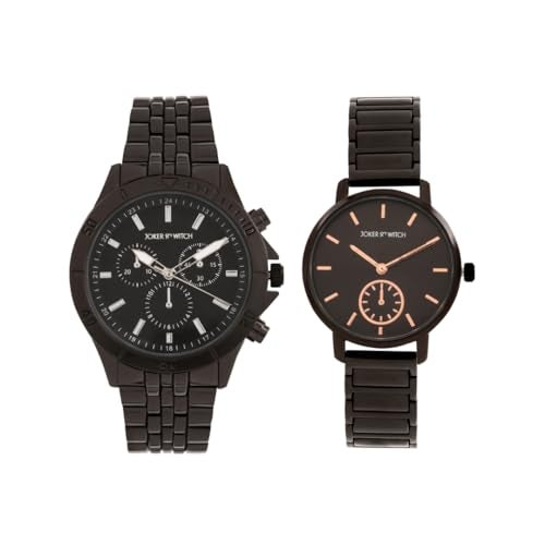 Joker & Witch Stainless Steel Viola And Will Couple Analogue Watches, Brown Dial, Black Band - Image 1