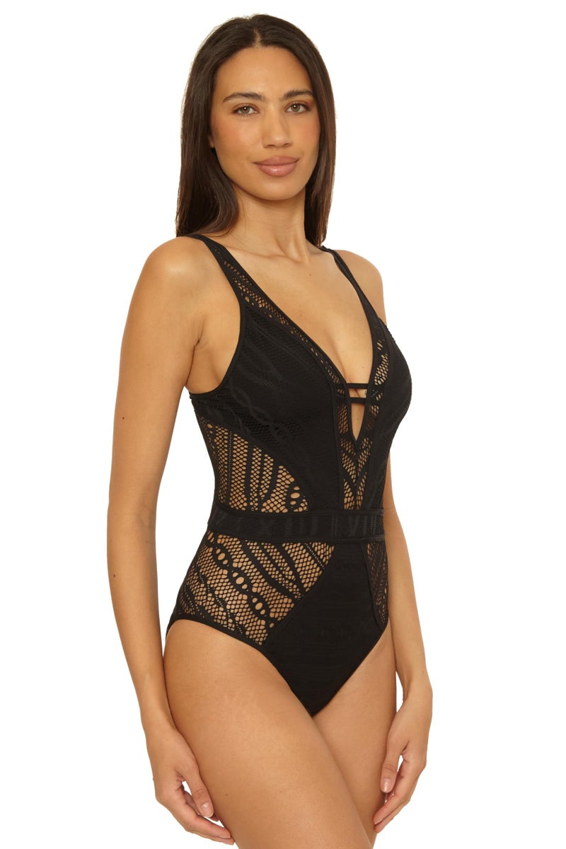 BECCA Color Play - Women's One Piece Swimsuit, Plunge Neck, Crochet, Bathing Suits for Women, Black, Medium - Image 2