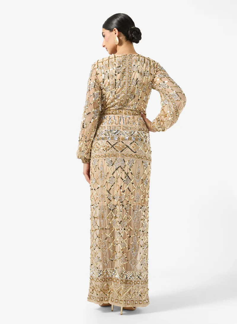 Amelia Rose Plunge Neck Sequin Embellished Maxi Dress