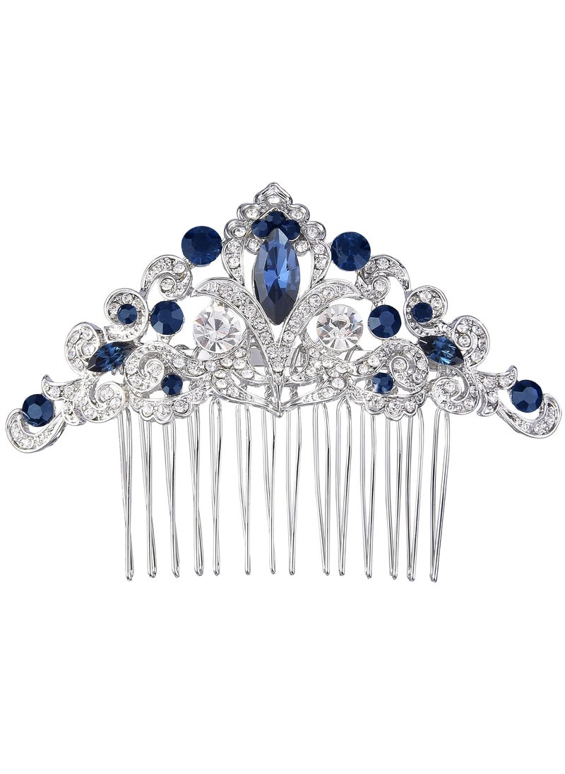 EVER FAITH - EVER FAITH Austrian Crystal Art Deco Flower Vine Wedding Prom Hair Comb fro Women Bride Bridesmaids Navy Blue SilverTone - Image 1