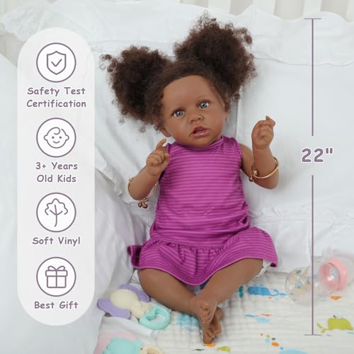 Kdudgso Reborn Baby Dolls Black Girl 22 Realistic Baby Doll Lifelike African American Newborn Bebe Caramel Real Life Like Baby Dolls with Two Afro Puffs Feeding Toys in Gift Box for Kids Age 3 - Image 5