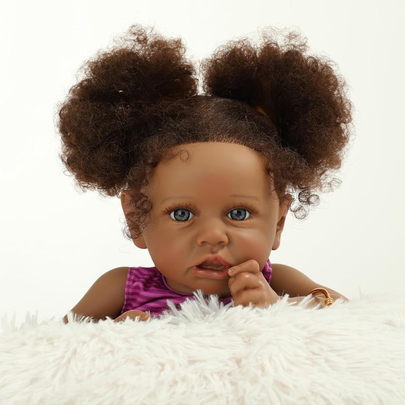 Kdudgso Reborn Baby Dolls Black Girl 22 Realistic Baby Doll Lifelike African American Newborn Bebe Caramel Real Life Like Baby Dolls with Two Afro Puffs Feeding Toys in Gift Box for Kids Age 3 - Image 2