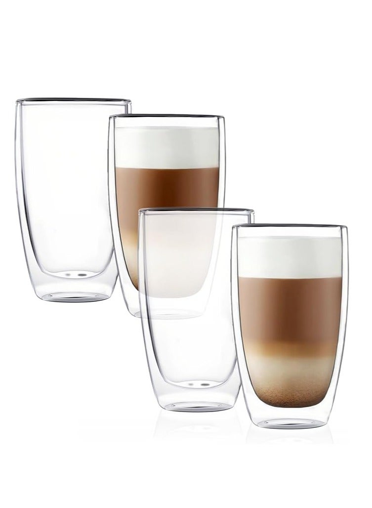 Mirolex Glass Coffee Cups 450ml Double Wall Coffee Mugs for Latte Cappuccino Espresso Milk Hot Drinks Tea Glass Cups [4 Cups] - Image 1