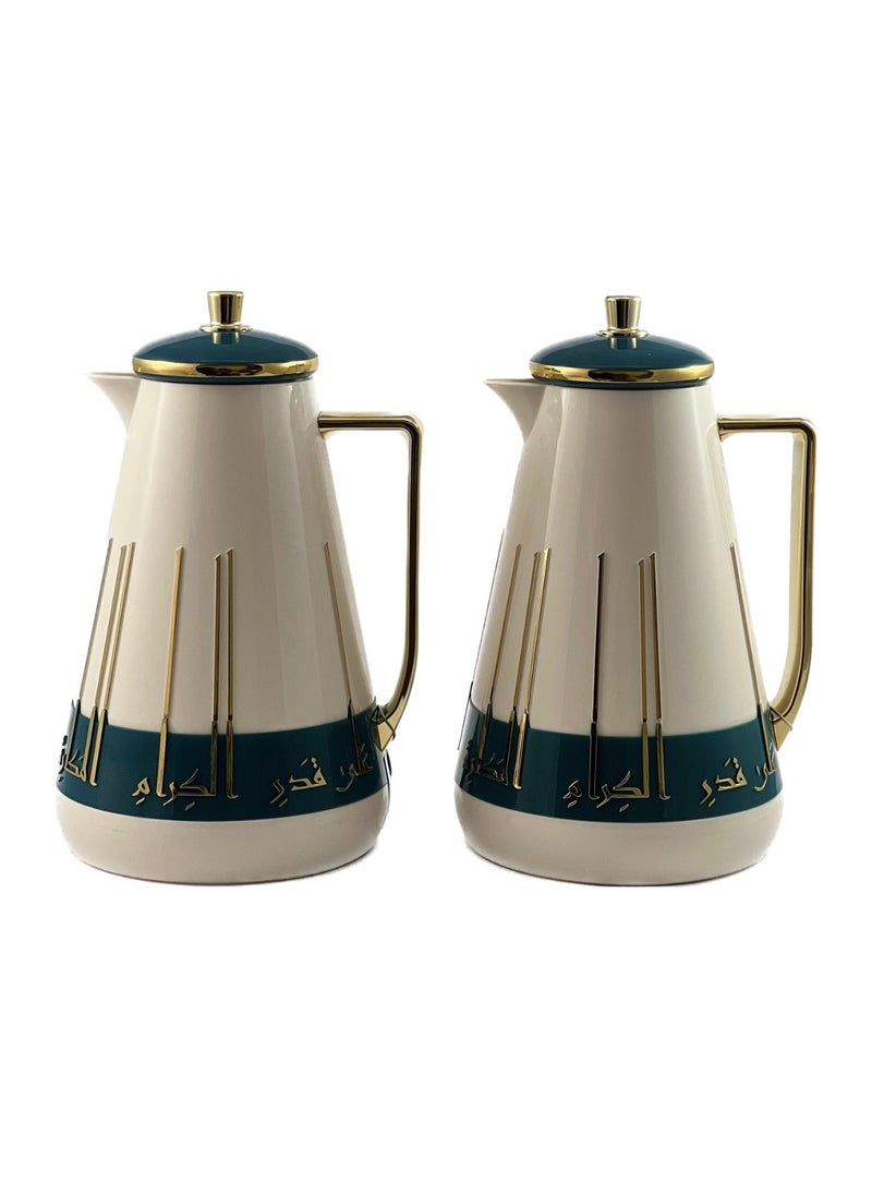 Homemaker 2-Piece Tea & Coffee Flask - 1 Liter & 1 Liter Capacity - Glass Inner - ABS Body - White & Petrol Green & Gold  - Image 2