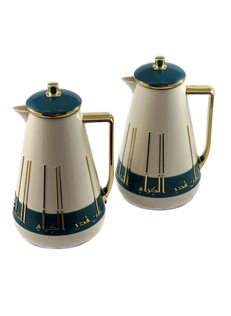 Homemaker 2-Piece Tea & Coffee Flask - 1 Liter & 1 Liter Capacity - Glass Inner - ABS Body - White & Petrol Green & Gold  - Image 3