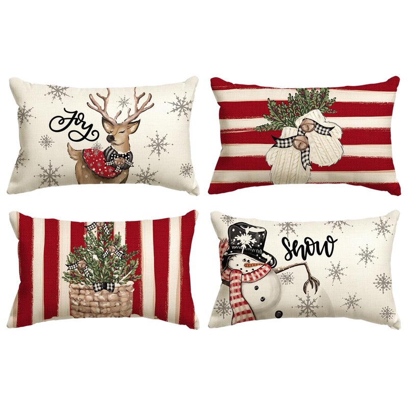 AVOIN colorlife AVOIN colorlife Christmas Snowman Reindeer Gloves Eucalyptus Red Throw Pillow Covers  12 x 20 Inch Winter Holiday Stripes Cushion Case Decoration for Sofa Couch Set of 4  - Image 1