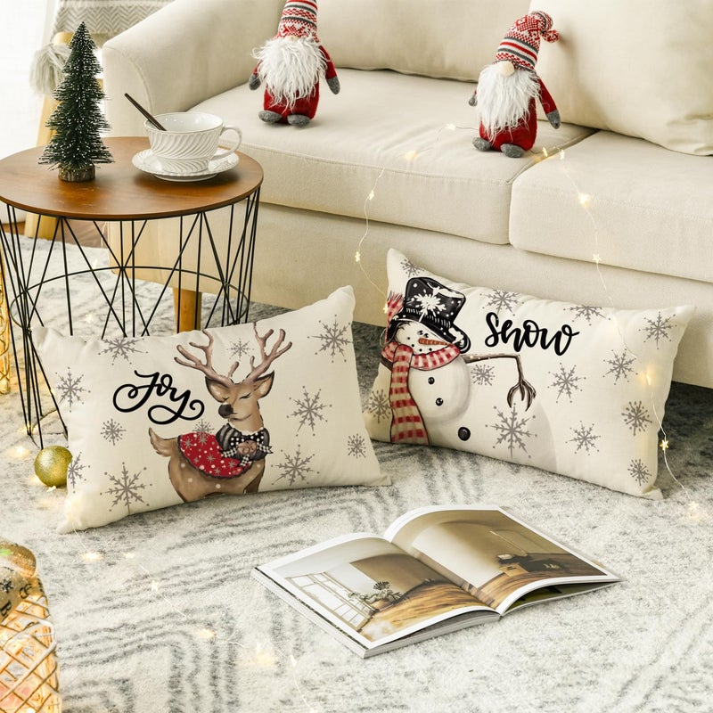 AVOIN colorlife AVOIN colorlife Christmas Snowman Reindeer Gloves Eucalyptus Red Throw Pillow Covers  12 x 20 Inch Winter Holiday Stripes Cushion Case Decoration for Sofa Couch Set of 4  - Image 4