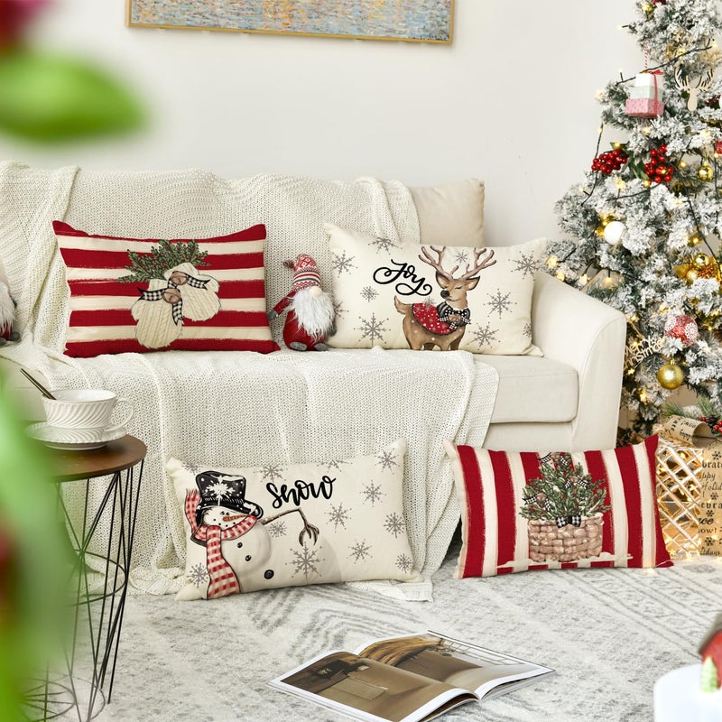 AVOIN colorlife AVOIN colorlife Christmas Snowman Reindeer Gloves Eucalyptus Red Throw Pillow Covers  12 x 20 Inch Winter Holiday Stripes Cushion Case Decoration for Sofa Couch Set of 4  - Image 2