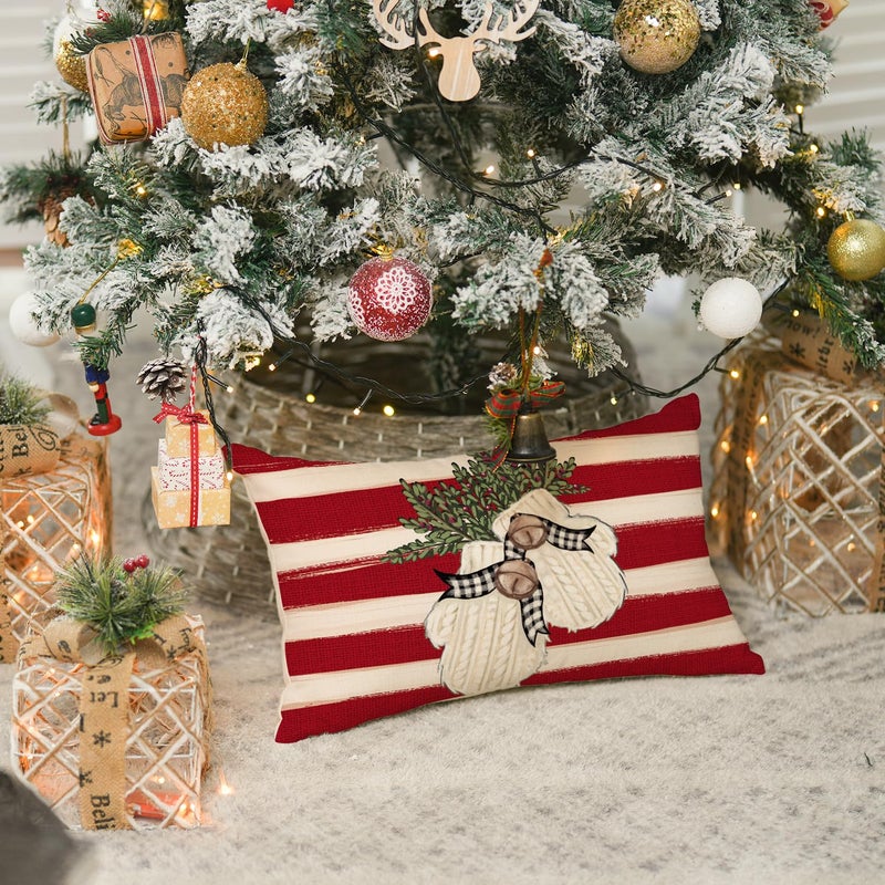 AVOIN colorlife AVOIN colorlife Christmas Snowman Reindeer Gloves Eucalyptus Red Throw Pillow Covers  12 x 20 Inch Winter Holiday Stripes Cushion Case Decoration for Sofa Couch Set of 4  - Image 5