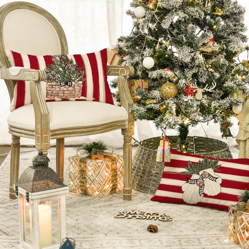 AVOIN colorlife AVOIN colorlife Christmas Snowman Reindeer Gloves Eucalyptus Red Throw Pillow Covers  12 x 20 Inch Winter Holiday Stripes Cushion Case Decoration for Sofa Couch Set of 4  - Image 3