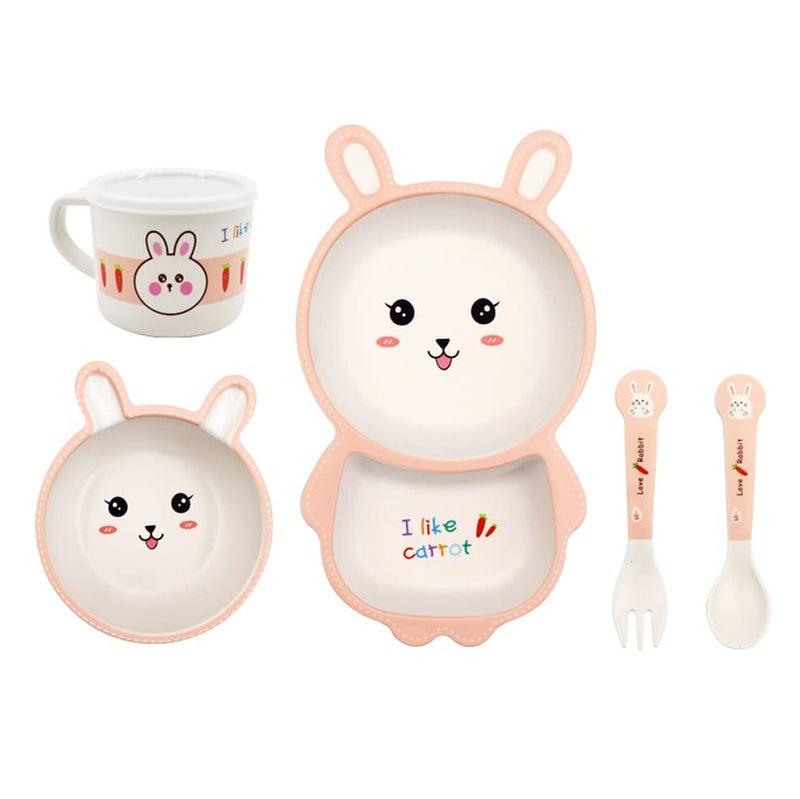 Fekdod Bamboo Kids Dinnerware Set 5 Pcs Includes Plate Bowl Cup Fork Spoon Perfect for Kids BPA-Free (Rabbit) - Image 1