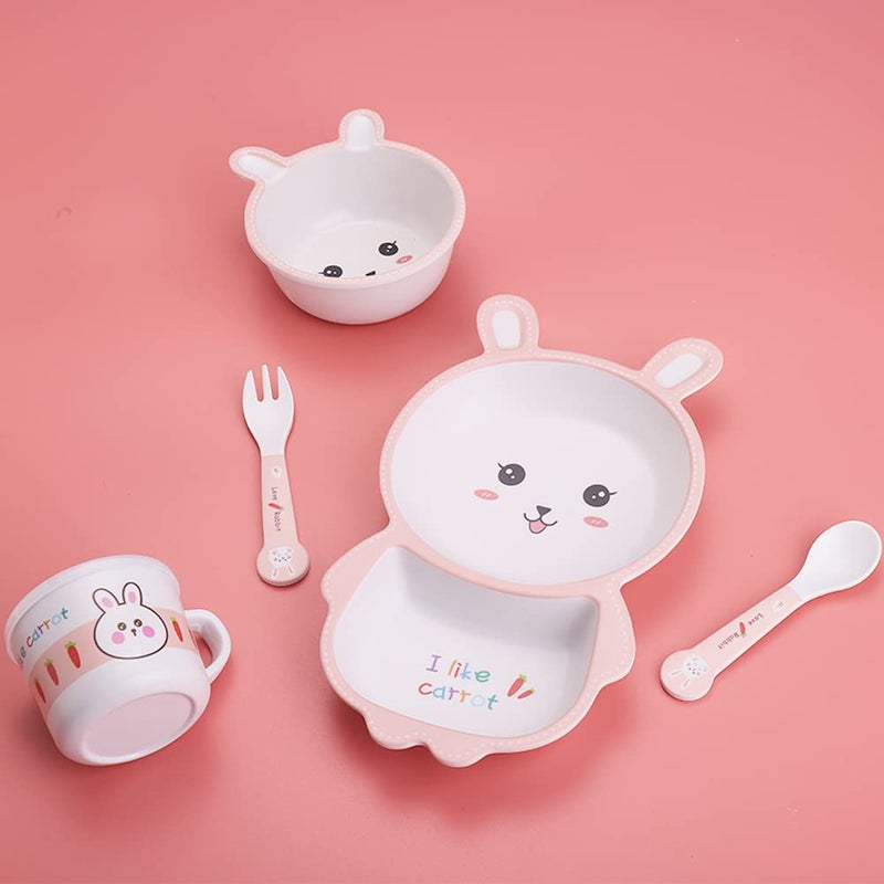Fekdod Bamboo Kids Dinnerware Set 5 Pcs Includes Plate Bowl Cup Fork Spoon Perfect for Kids BPA-Free (Rabbit) - Image 2
