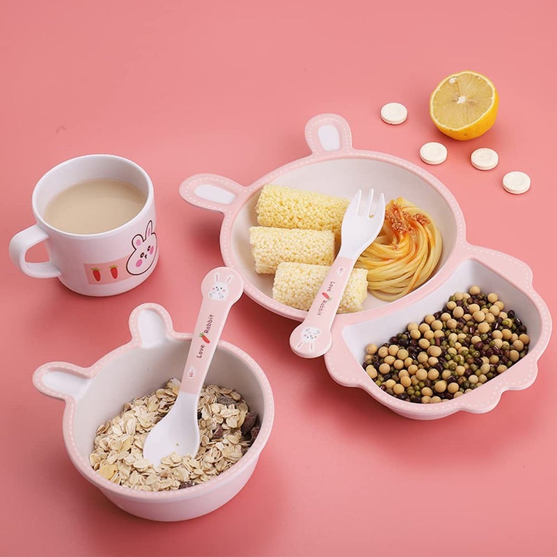 Fekdod Bamboo Kids Dinnerware Set 5 Pcs Includes Plate Bowl Cup Fork Spoon Perfect for Kids BPA-Free (Rabbit) - Image 4