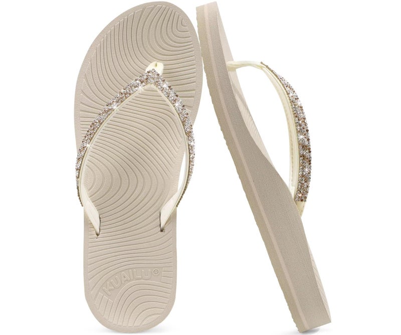 KuaiLu Women's Rhinestone Flip Flops with Comfort Arch Support Yoga Mat Cushion Sandals Fashion Summer Beach Pool Travel Orthotic Walking Thong Sandles Slip on Plantar Fasciitis Beige White 10 - Image 1