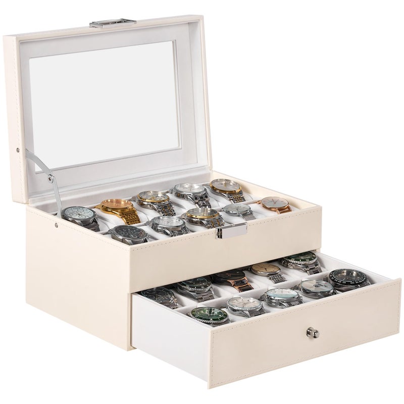 BEWISHOME Watch Case 20Slot Watch Box for Men 2Layer Watch Display Case with Large Glass Lid Watch Storage Organizer Watch Holder with Removable Watch Pillows White SSH04W