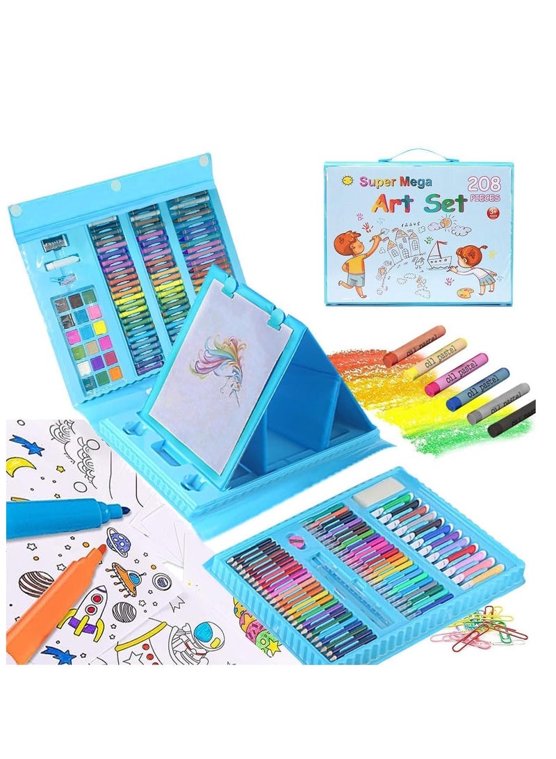 208 مجموعات من مجموعات الرسم ، رسم الفن اللوازم ، على الوجهين ثلاثة أضعاف الحامل ، النفط الطلاء عصا ، الطباشير الملون ، قلم رصاص اللون ، لون الماء ، مناسبة للأطفال والمراهقين والفتيات والفتيان والفنانين ( الأزرق ) - Image 1