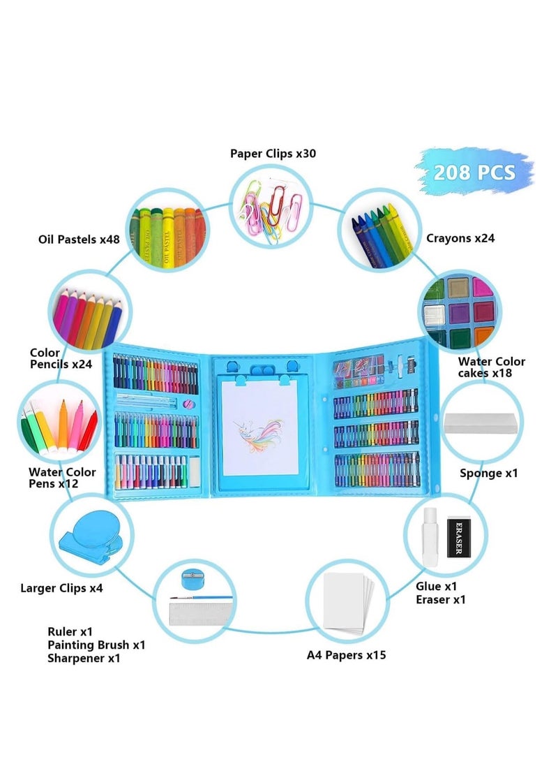 208 مجموعات من مجموعات الرسم ، رسم الفن اللوازم ، على الوجهين ثلاثة أضعاف الحامل ، النفط الطلاء عصا ، الطباشير الملون ، قلم رصاص اللون ، لون الماء ، مناسبة للأطفال والمراهقين والفتيات والفتيان والفنانين ( الأزرق ) - Image 3