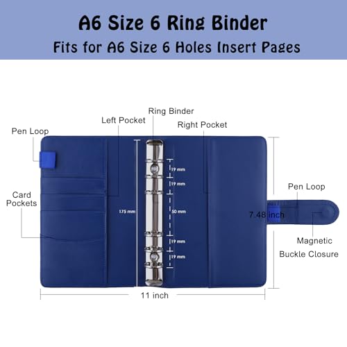 Antner A6 PU Leather Budget Binder - Refillable 6 Ring Notebook for A6 Refill Paper, Loose Leaf Personal Planner Cover With Magnetic Buckle Closure, Navy Blue - Image 2