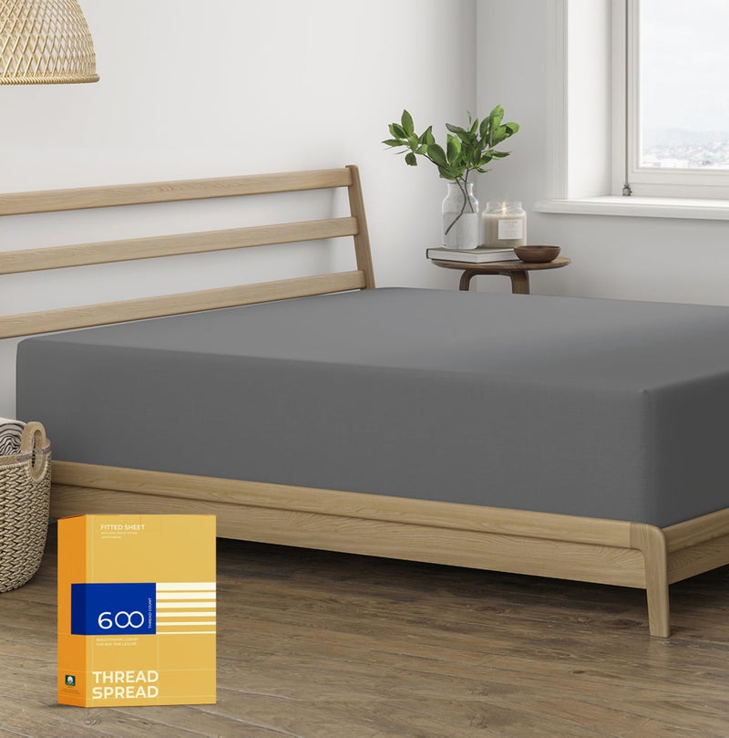 THREAD SPREAD 100% Egyptian Cotton Fitted Sheet Twin Size - 600 Thread Count 16"" Deep Pocket Twin Fitted Sheet Only  Cooling Sateen Elastic Bottom Sheet  Fits College Dorm Mattress  Teens - Dark Grey - Image 1