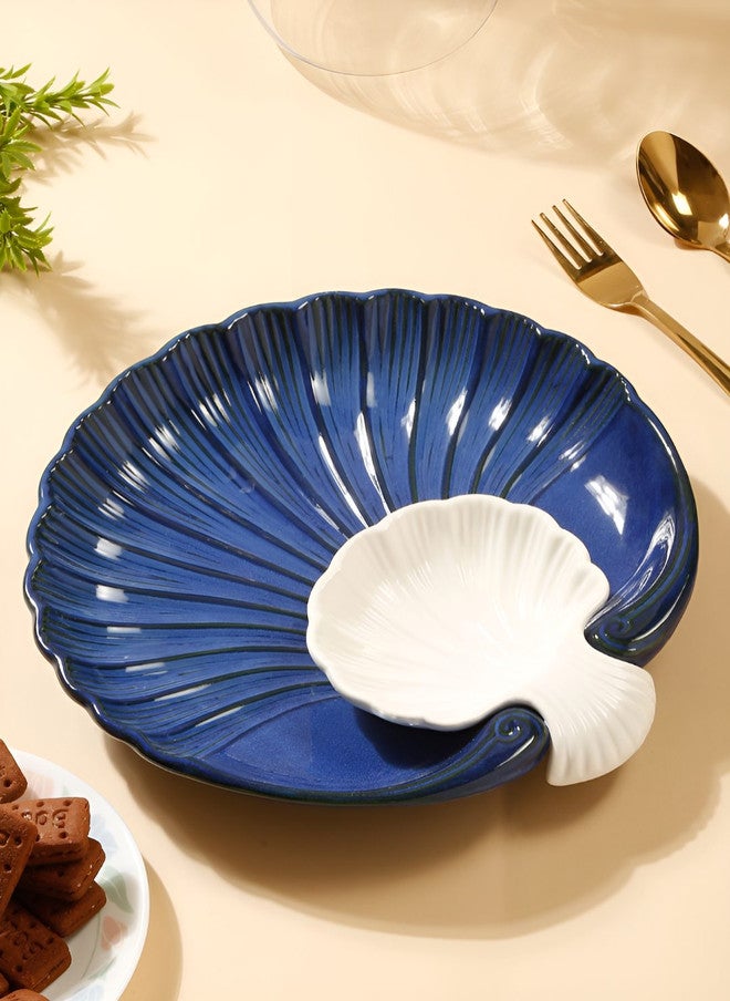 Arrabi Nevy Blue & White Ceramic Shell Platter Set - Image 1