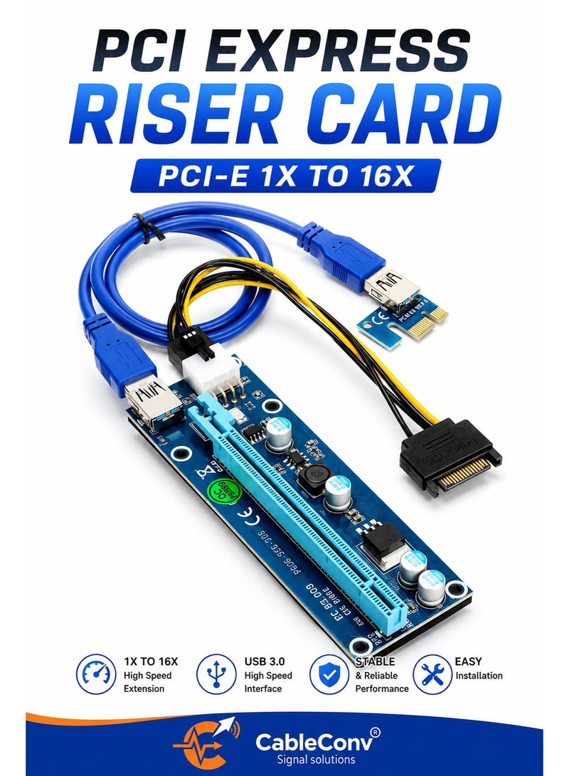 ​كابل كونف بطاقة تمديد PCIe (محول من PCI-E 1X إلى 16X) مع كابل USB 3.0 وموصل طاقة SATA | وصلة تمديد عالية السرعة لبطاقة الرسوميات (GPU) مخصصة لتعدين البيتكوين ومنصات التعدين وأجهزة الكمبيوتر المكتبية. - Image 1