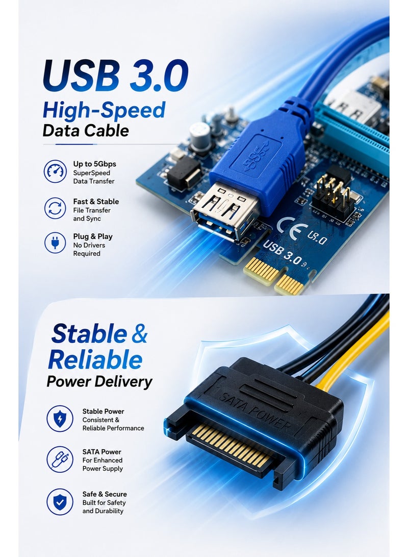 ​كابل كونف بطاقة تمديد PCIe (محول من PCI-E 1X إلى 16X) مع كابل USB 3.0 وموصل طاقة SATA | وصلة تمديد عالية السرعة لبطاقة الرسوميات (GPU) مخصصة لتعدين البيتكوين ومنصات التعدين وأجهزة الكمبيوتر المكتبية. - Image 2