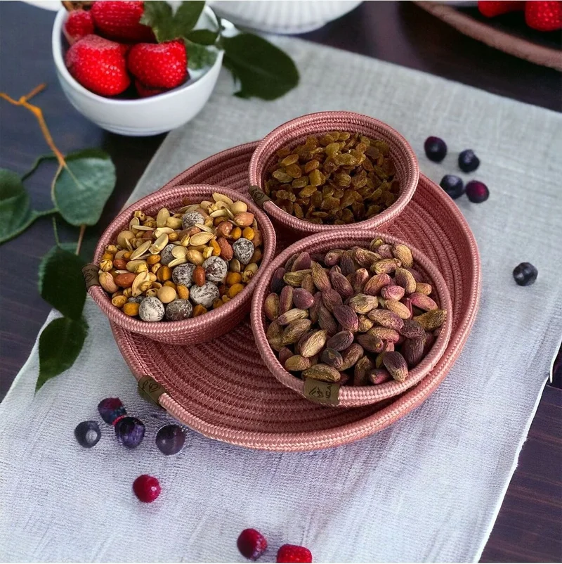 بدز ديري Bdz Leather 3 Piece Presentation Snack Set Jute Wicker Presentation Container with Tray