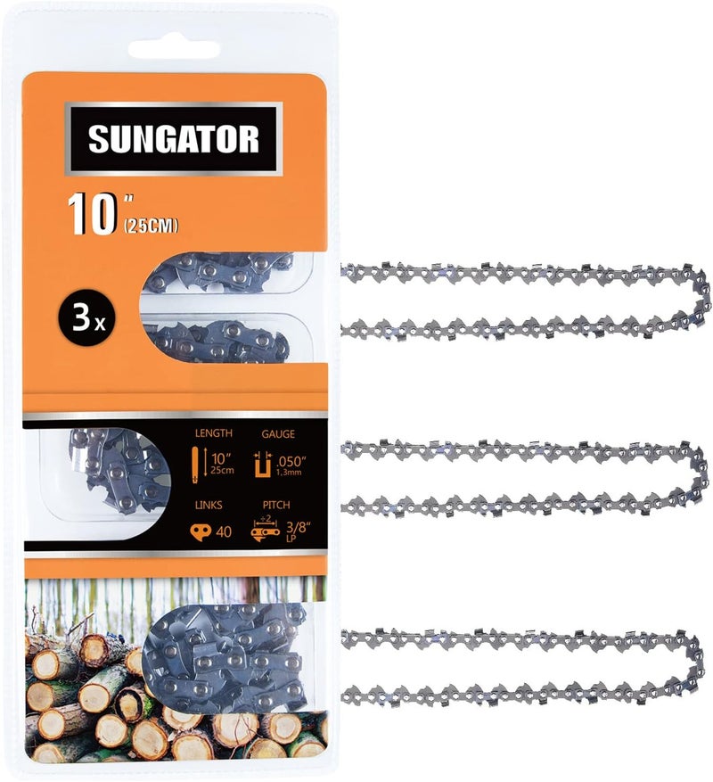 SUNGATOR 3-Pack 10 Inch Chainsaw Chain SG-S40, 3/8" LP Pitch - .050" Gauge - 40 Drive Links, Compatible with Remington, Craftsman, Poulan, Worx - Image 1