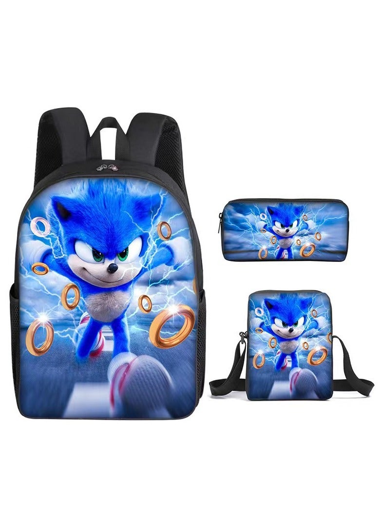 Sonic Primary School Backpack Cartoon Anime Backpack Messenger Bag Pencil Case Three-Piece Set 29*16*42cm