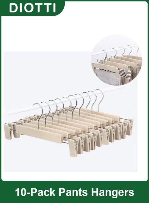مجموعة من 10 شماعات ملابس بلاستيكية مع مشابك، شماعات ملابس بلاستيكية مع خطافات دوارة 360 درجة، مشابك قابلة للتعديل وغير قابلة للانزلاق للتنانير والسراويل القصيرة والسراويل والمزيد (كاكي)