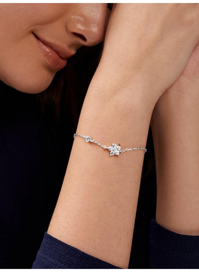 MINUTIAE Adjustable Stylish Flower Cut Cubic Zirconia Diamond Chain Bracelet for Women & Girls (Silver) - Image 2