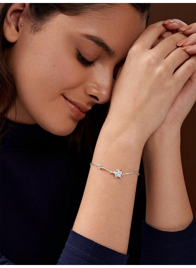 MINUTIAE Adjustable Stylish Flower Cut Cubic Zirconia Diamond Chain Bracelet for Women & Girls (Silver) - Image 3