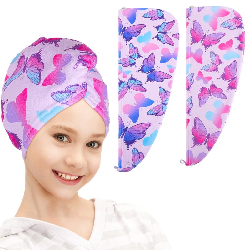 Fiobee Microfiber Hair Towel Wrap For Kid Rapid Drying Towel Absorbent Hair Turbans For Wet Hair With Button Women Girls Long Curly Hair Pack Of 2  Butterfly - Image 1
