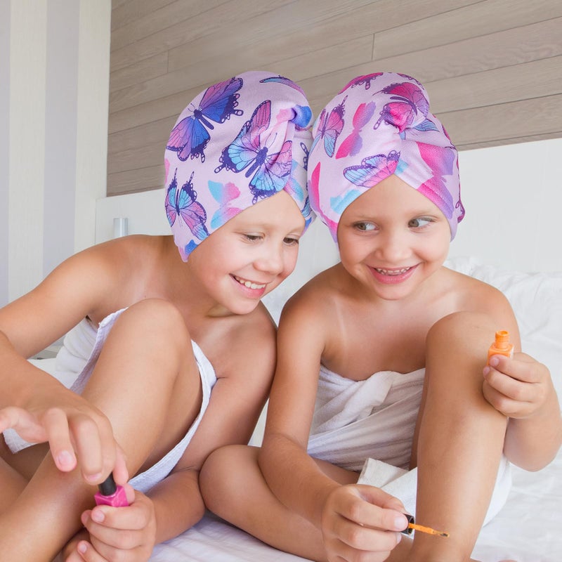 Fiobee Microfiber Hair Towel Wrap For Kid Rapid Drying Towel Absorbent Hair Turbans For Wet Hair With Button Women Girls Long Curly Hair Pack Of 2  Butterfly - Image 3