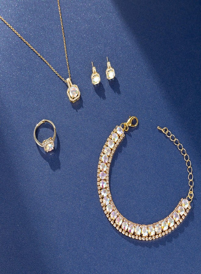 Paxuan 4pcs Cubic Zirconia Wedding Jewelry Sets for Bride Bridesmaid Cubic Zirconia Pendant Necklace Earrings Link Tennis Bracelet Open Ring Set for Women Birthday/Valentine's Day/Mother's Day/Christmas - Image 5