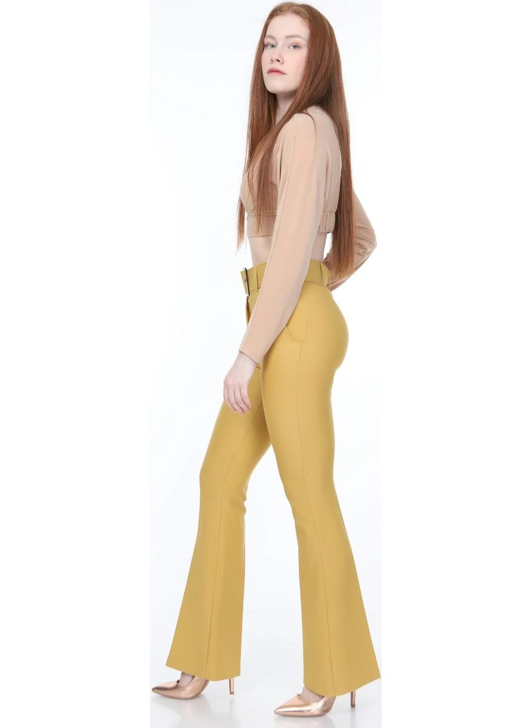 بلونس Waist Belted Mustard Fabric Trousers 38