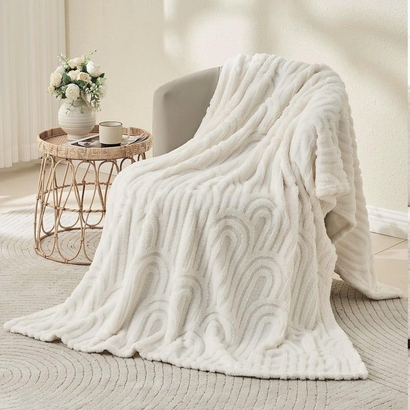 Wajade Fleece Throw Blanket, Fluffy Faux Fur Blanket for Bed Sofa Couch, Soft Warm Thick Blanket,White 127x178 - Image 1
