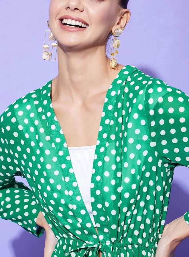 StyleStone Stylestone Green Polka Dot Print Long Sleeve Shrug