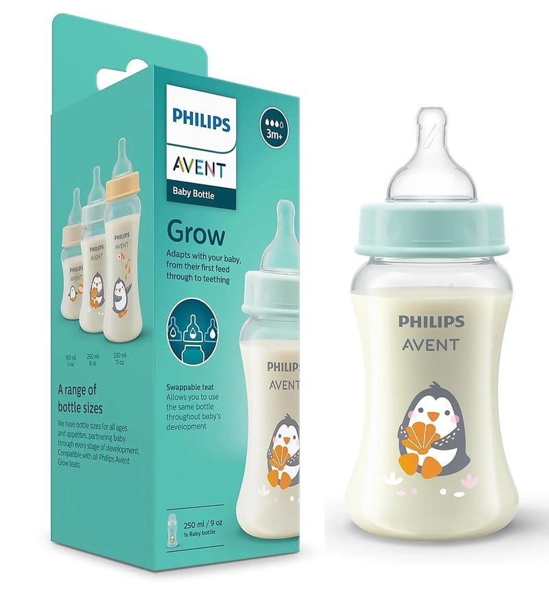Avent Philips Avent Grow Plastic Feeding Bottle | Anti-Colic | Easy Fill,Easy Clean|BPA Free | with 1M+ Flow Teat | Made in India (250ml) (Penguine with Sea Shell) - Image 1