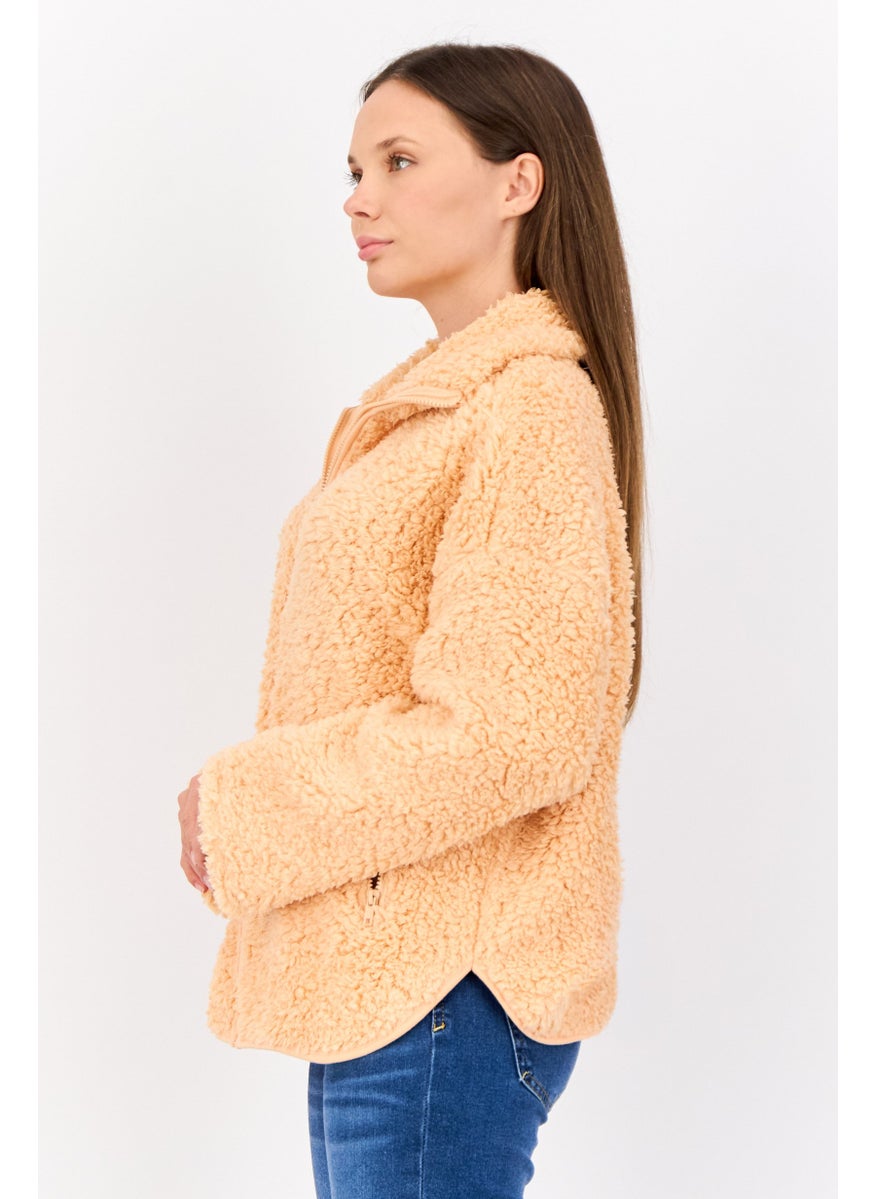 MONKI Women Faux Fur Sherpa Jacket, Orange  - Image 2