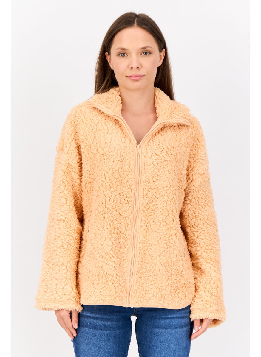 MONKI Women Faux Fur Sherpa Jacket, Orange  - Image 1